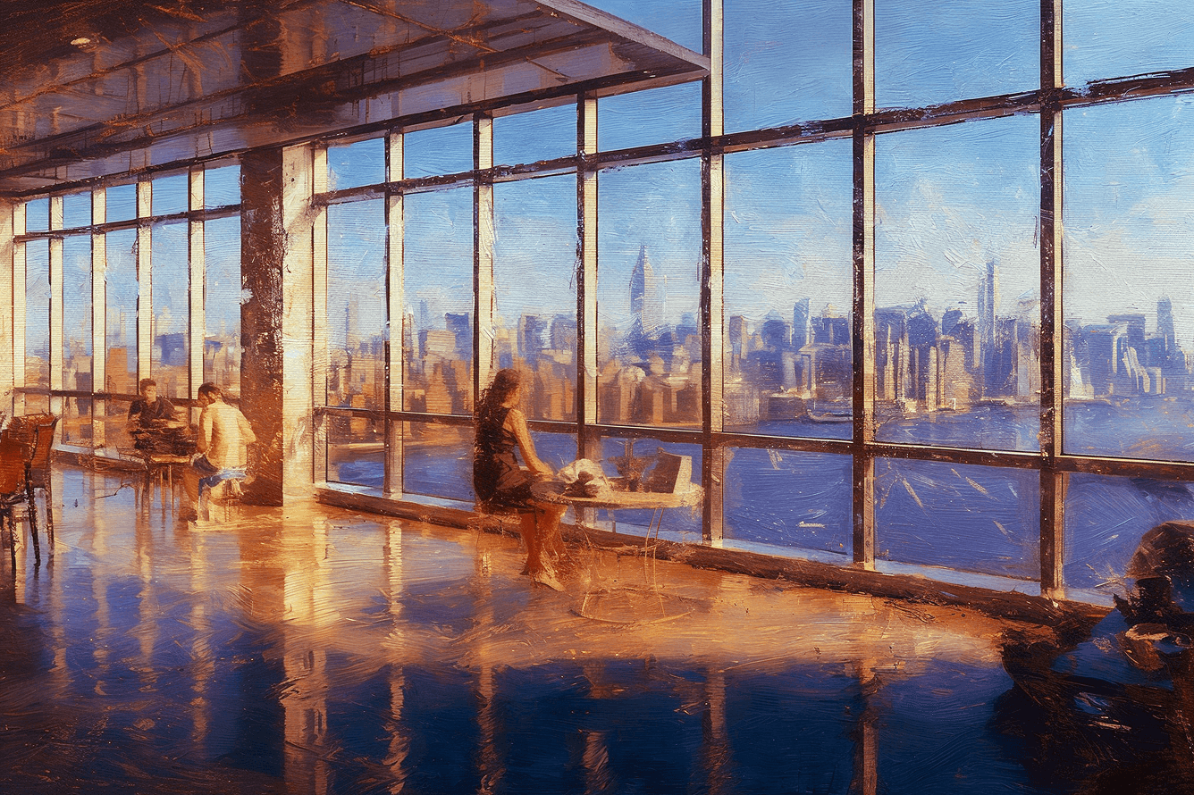Office overlooking city skyline